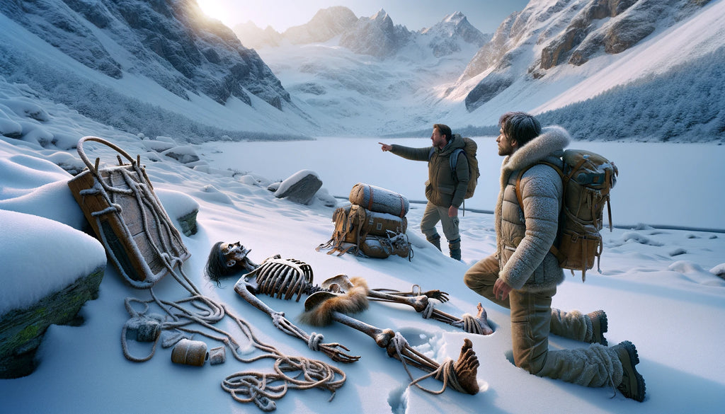 recreation of the discovery scene of Ötzi the Iceman set in the snowy otztal Alps on the Italy Austria border