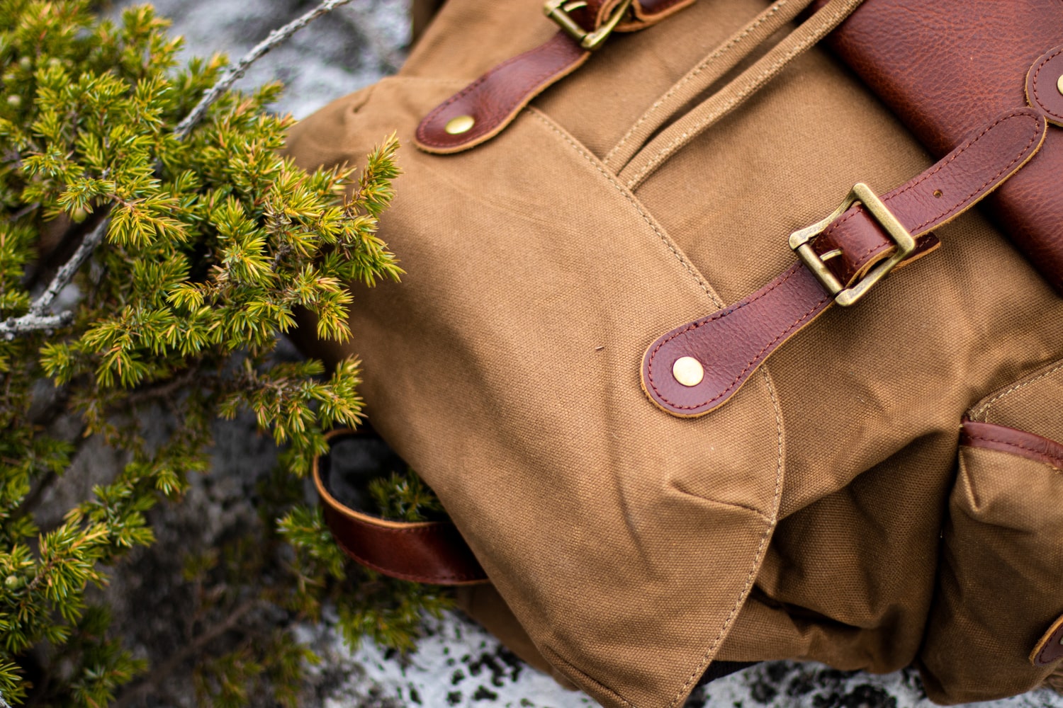 Men's Waxed Canvas Backpack Bag Mixed Leather Rucksack - Khaki