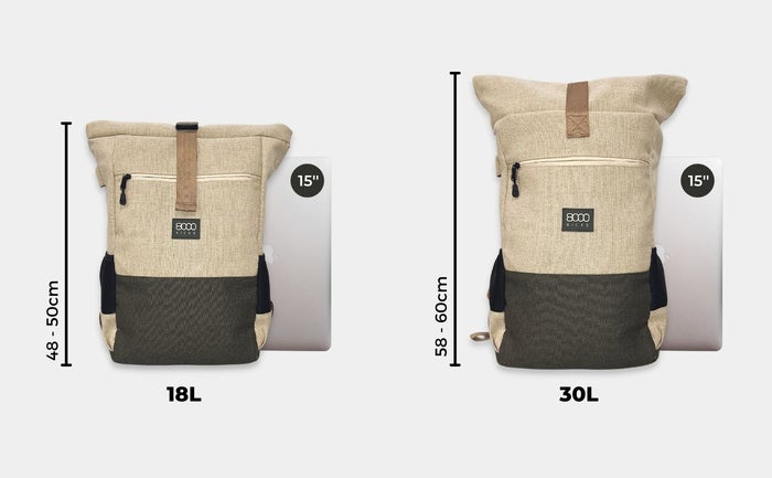 sac à dos en chanvre éthique extensible par ouverture à enroulement de 18 à 30 litres