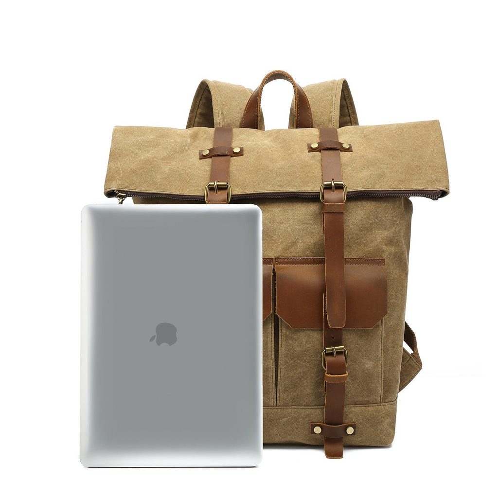sac à dos imperméable old school avec poches intérieures et roll top à fermeture zippée