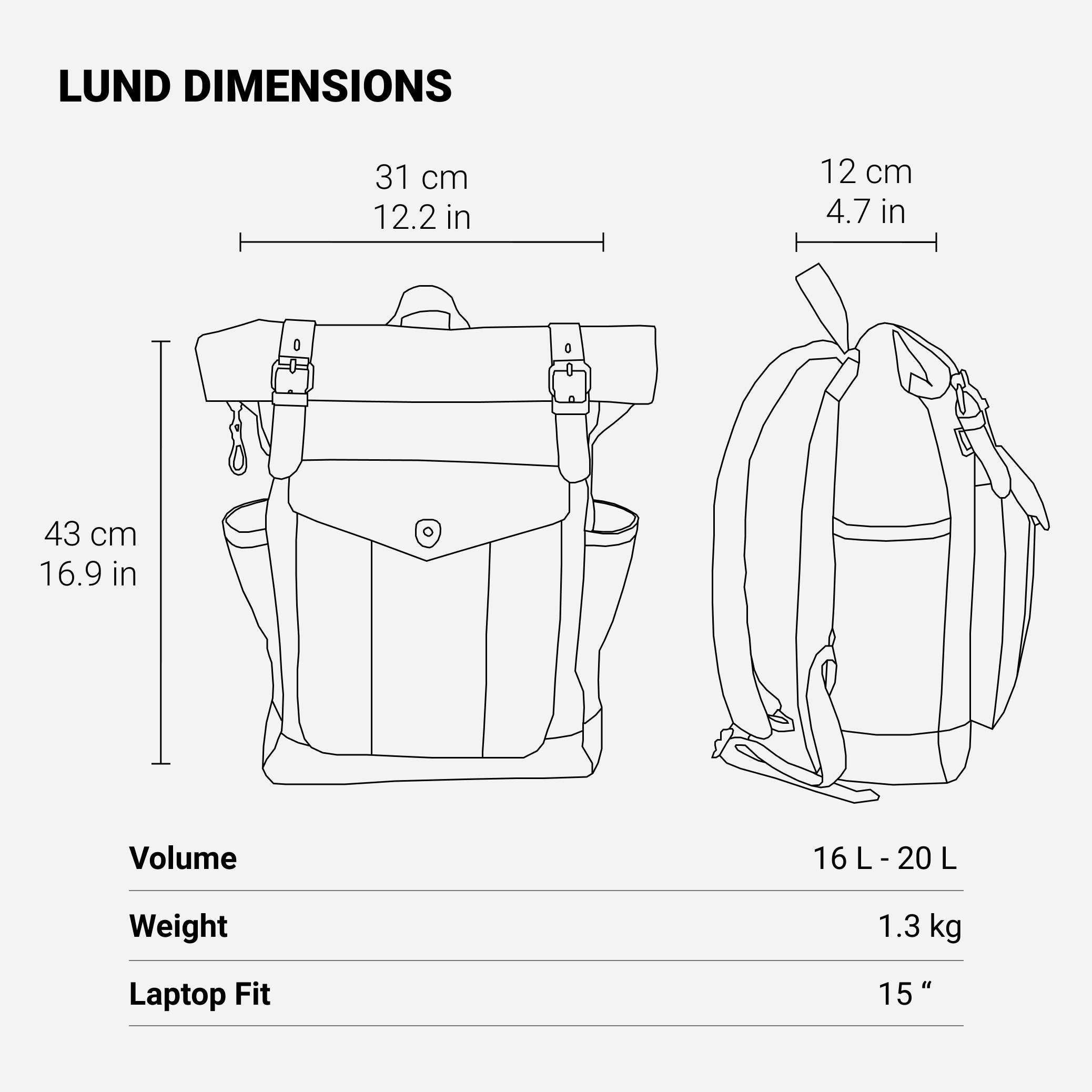 dimensions du sac à dos roll top lund