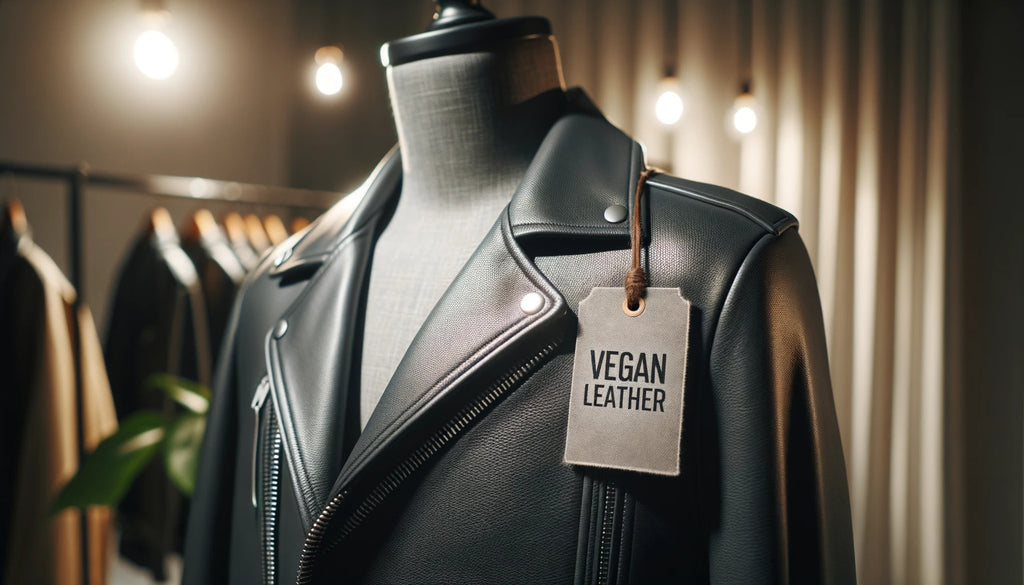 Veste élégante en cuir vegan exposée sur un mannequin montrant sa texture détaillée et sa finition lisse