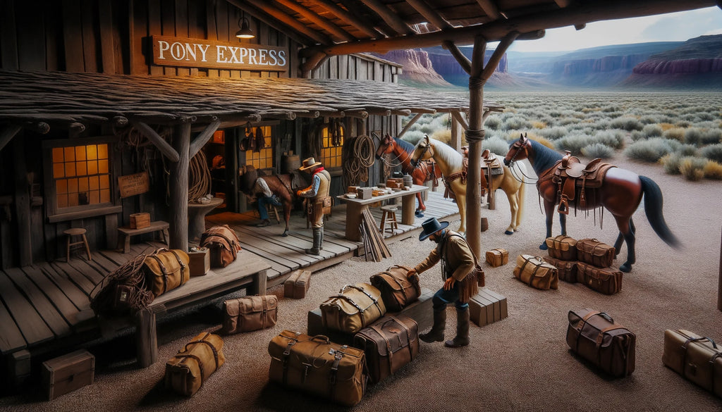 small Pony Express outpost in the American West with riders preparing their horses and checking their leather messenger bags