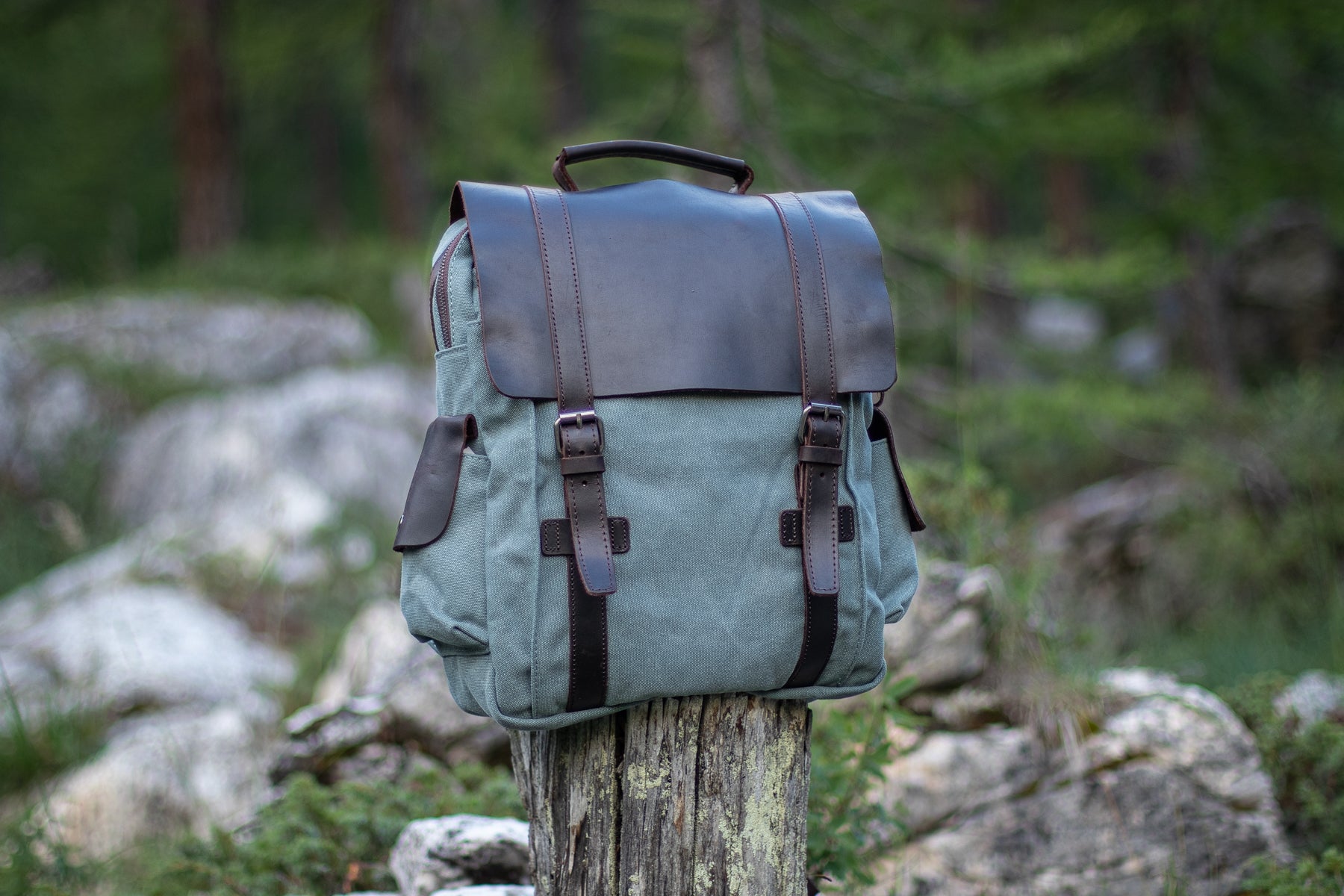 grey Small Canvas bookbag made with vintage leather belts and adjustable backpack straps