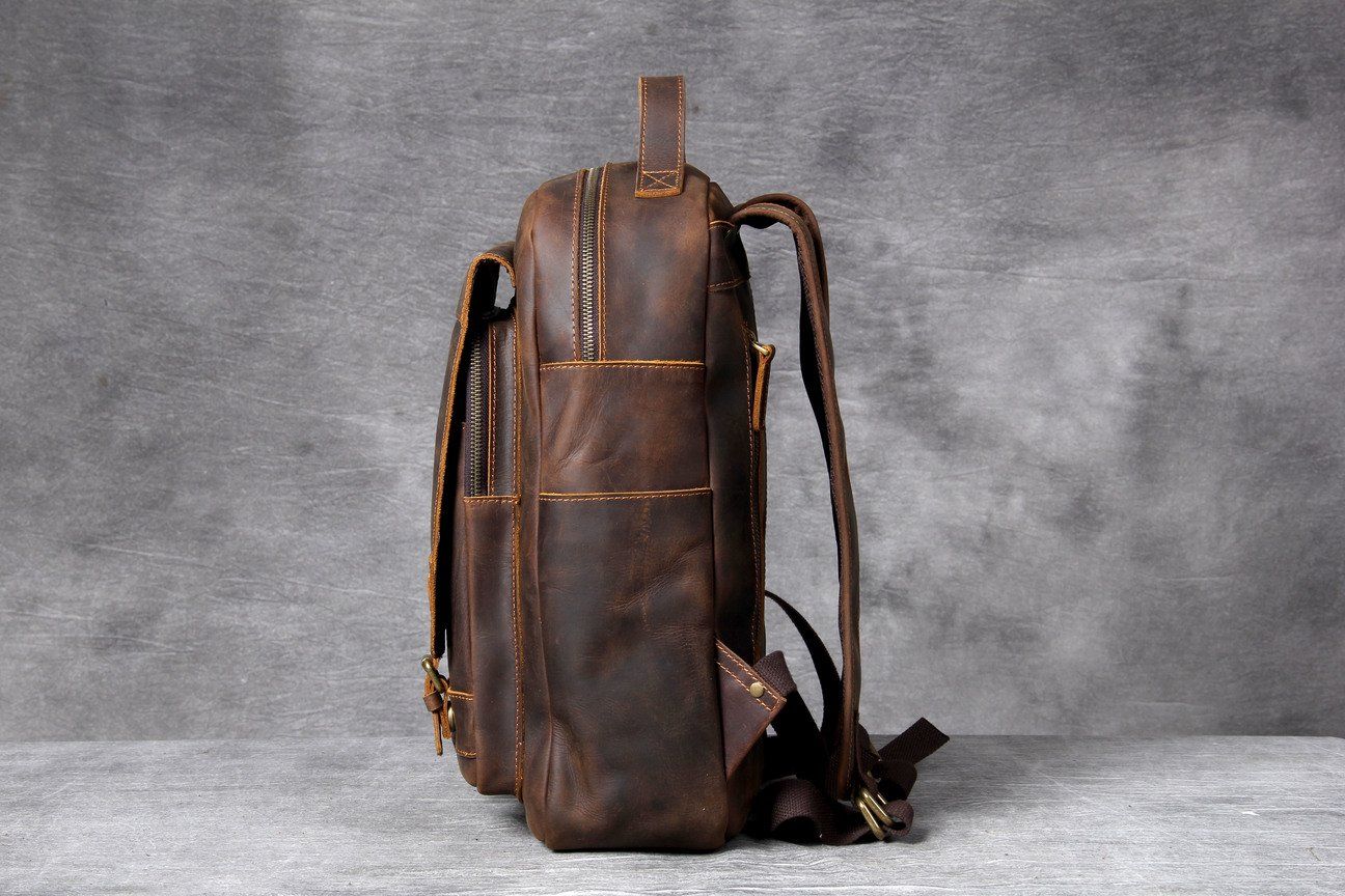 small tanned leather weekender backpack for women