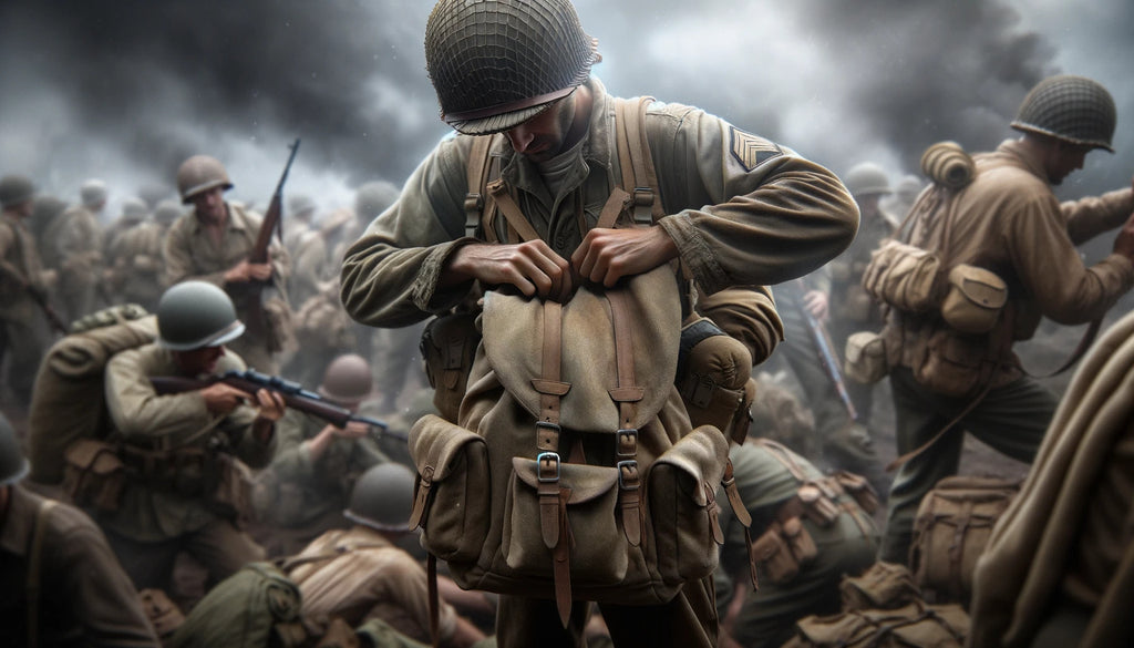 soldier amidst the chaos of the battlefield taking a moment to adjust the straps of his vintage canvas backpack