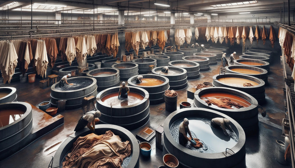spacious tannery workshop where workers are meticulously soaking large hides in wide chrome tanning drums