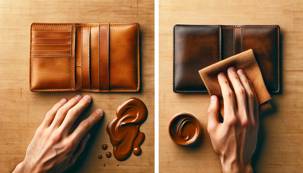 split view of a leather wallet On the left the wallet is light brown and on the right after leather dressing application