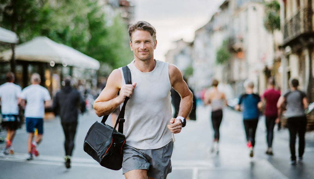 sporty man carrying a satchel on a busy street after a run