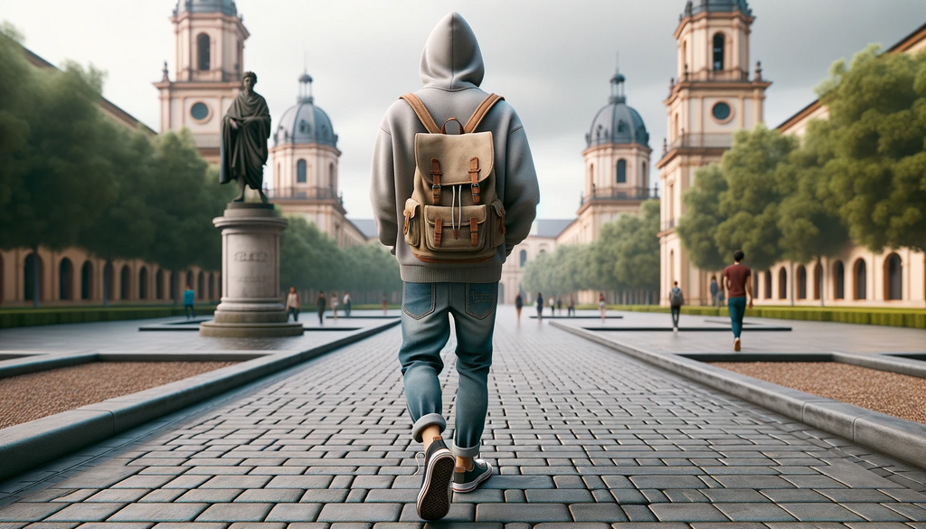 student with Hispanic descent, walking briskly on a university pathway wearing a canvas bag