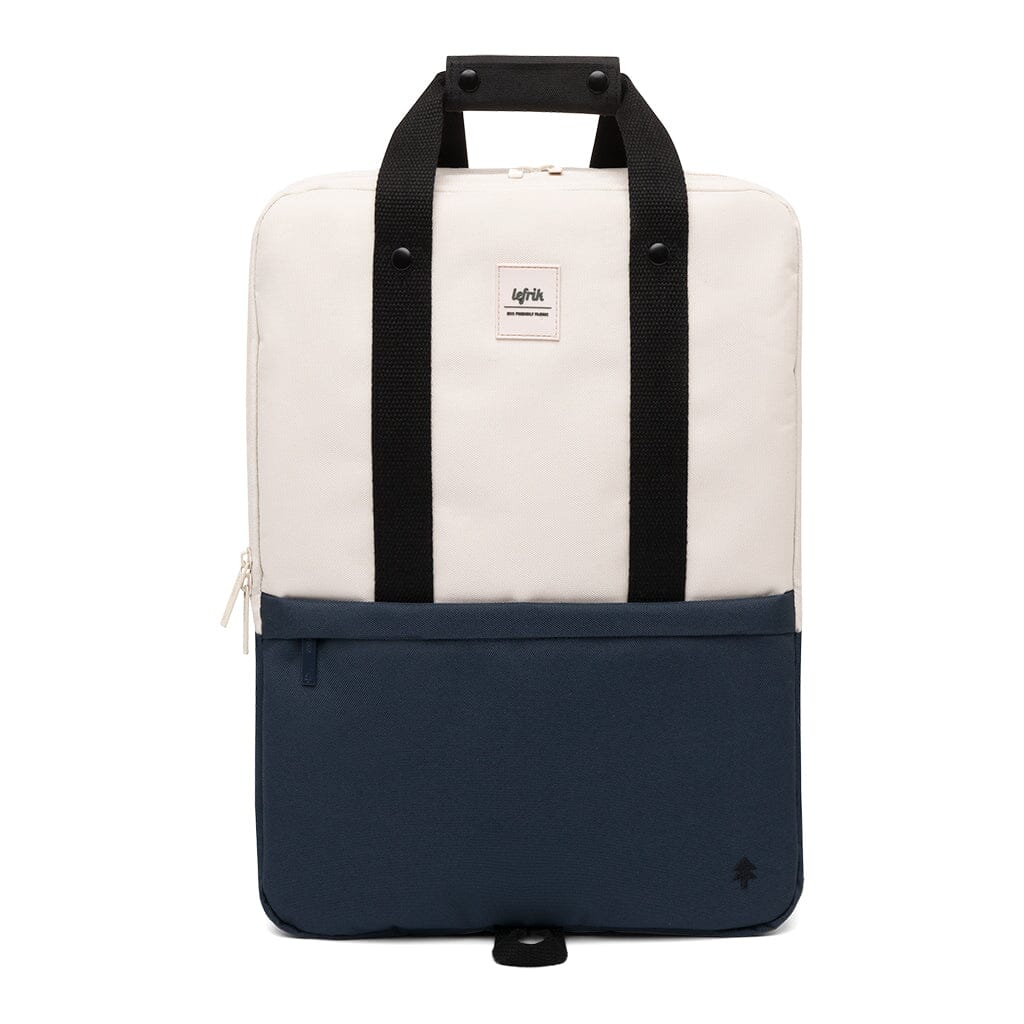Frontal view of blue and white eco-conscious daypack on clean white background