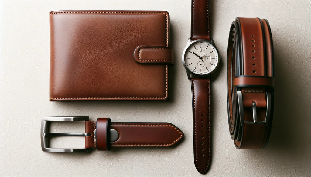 top down view of a leather wallet next to a leather belt and watch