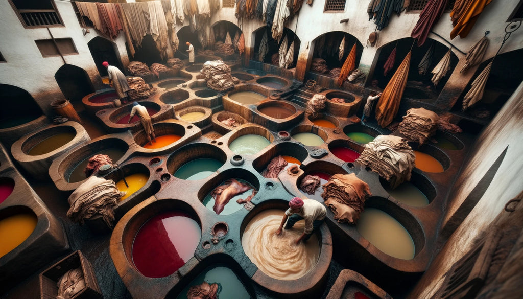 traditional tannery with large stone vats filled with liquids of various colors
