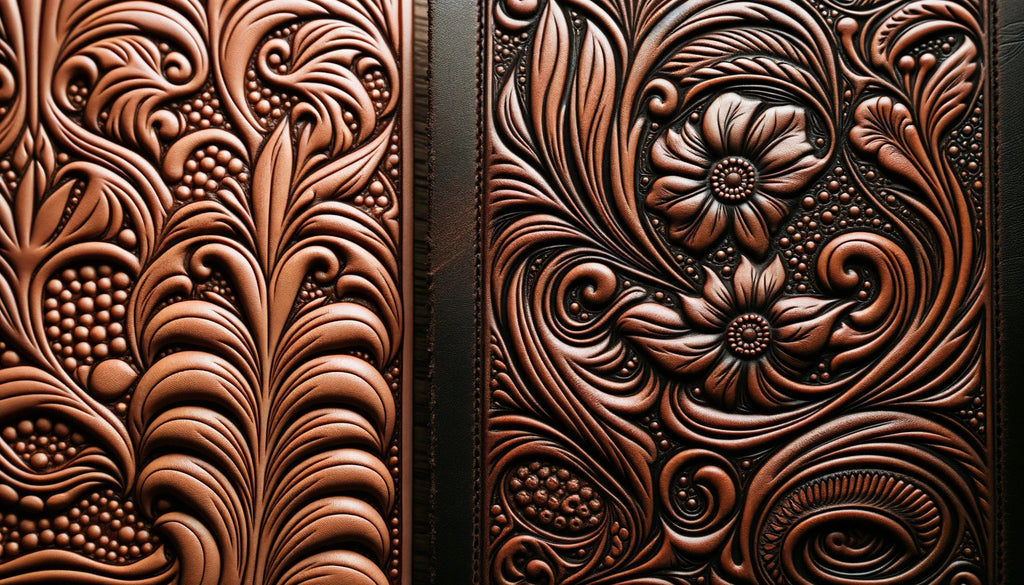 deux échantillons de cuir côte à côte, l'un estampé d'un motif floral en relief et l'autre gravé d'un motif en creux