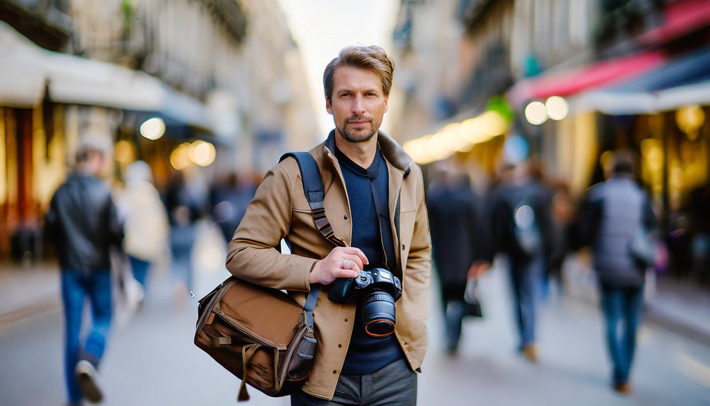 urban explorer carrying a messenger bag on a busy street