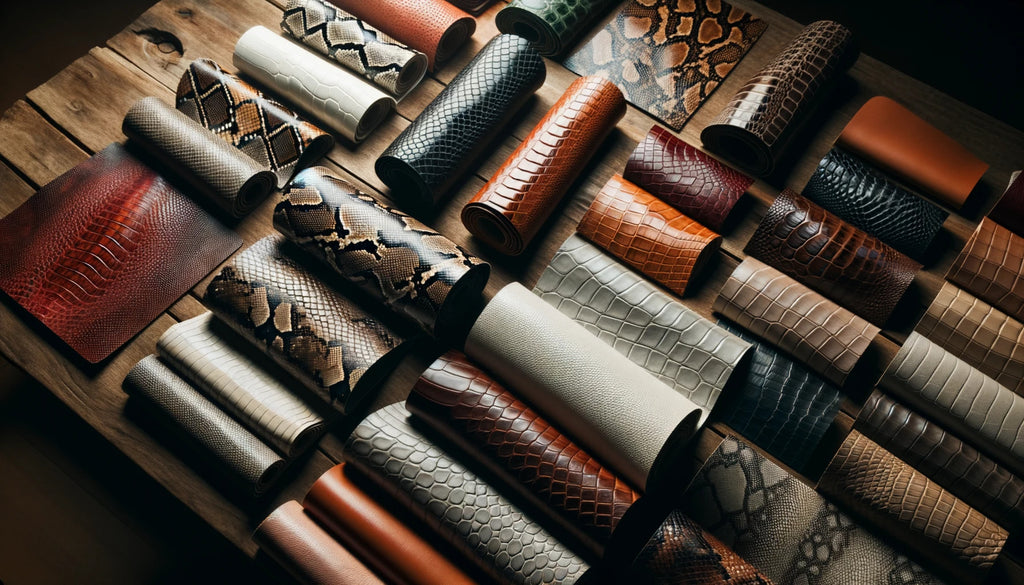 variété d'échantillons de cuir exotique soigneusement disposés sur une table en bois, avec différentes textures et différents motifs clairement visibles