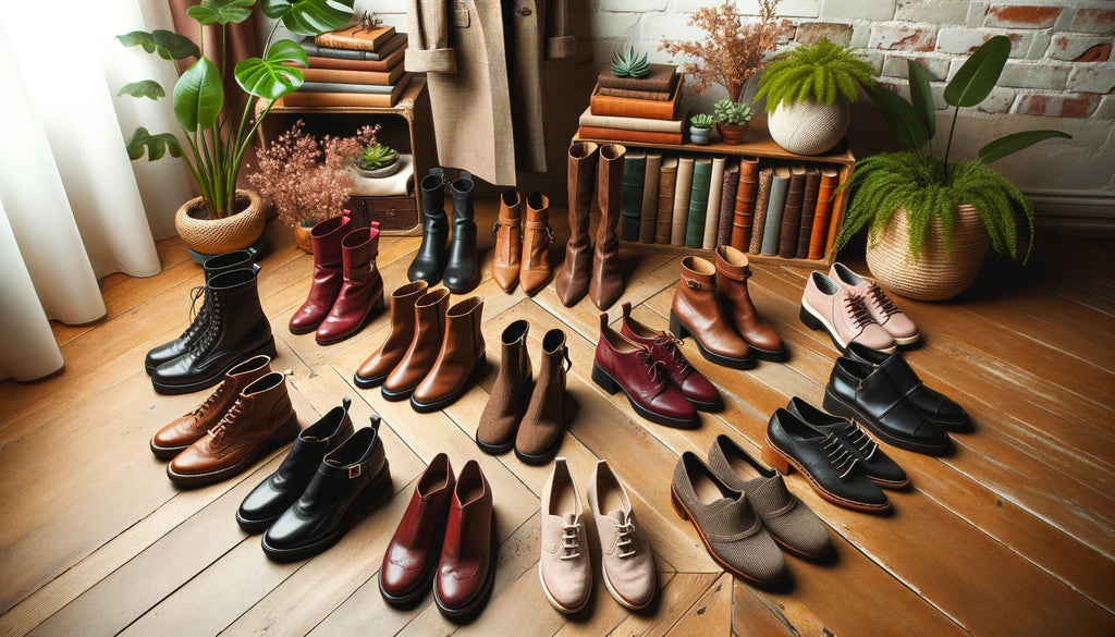 variété de chaussures en cuir pour femmes, y compris des bottes, des chaussures plates et des chaussures à talon, disposées en demi-cercle sur un plancher en bois avec des plantes décoratives