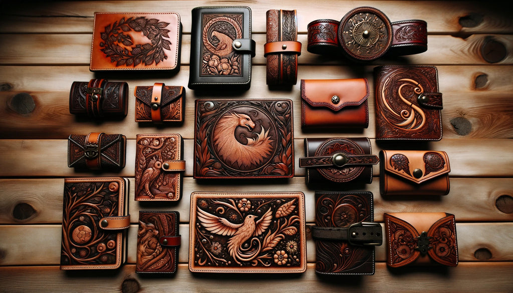 craftsmans hands meticulously carving a floral pattern into a piece of leather The focus is on the sharp tool pressing into the leather  various leather items like wallets belts and journal covers beautifully adorned with pyrography art Each item showcases a different design.jpg