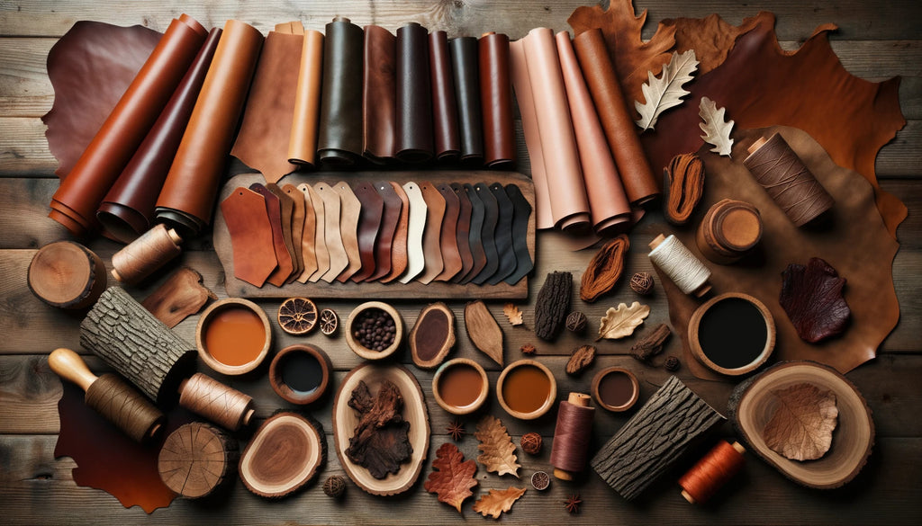 vegetable tanned leather samples displayed on a wooden table The samples showcase varying shades of brown leather