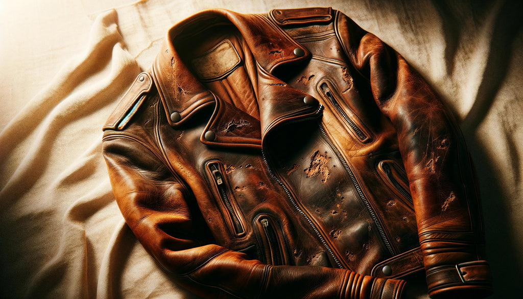 vintage brown leather jacket showing signs of damage with visible cracks scratches and discoloration