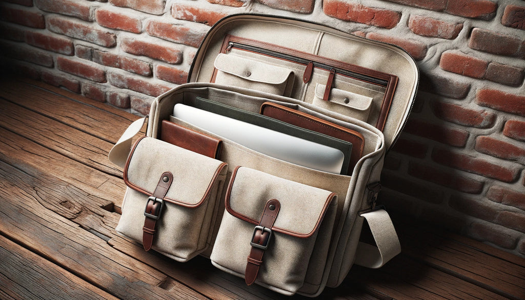 vintage canvas messenger bags interior emphasizing its functional design with two slot pockets a securely zipped pocket and a laptop sleeve