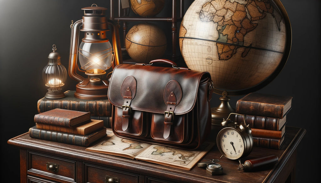 vintage inspired study room with a dark brown full grain leather messenger bag placed on an antique wooden desk