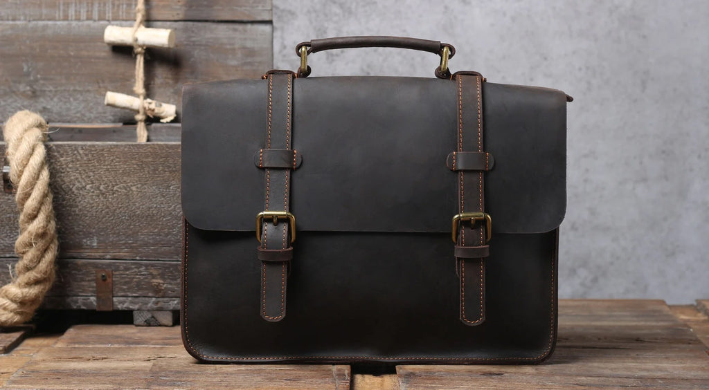 vintage retro work school dark brown leather messenger bag with adjustable shoulder strap