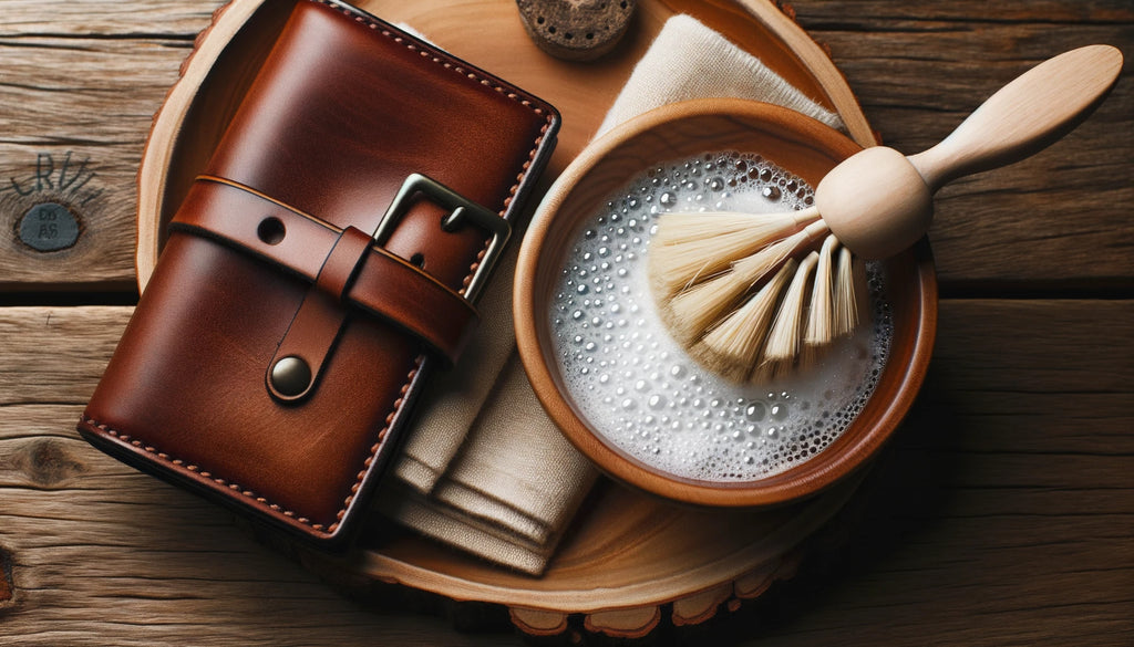 wallet placed on a wooden surface Next to it is a bowl filled with bubbly lather from a natural baby soap