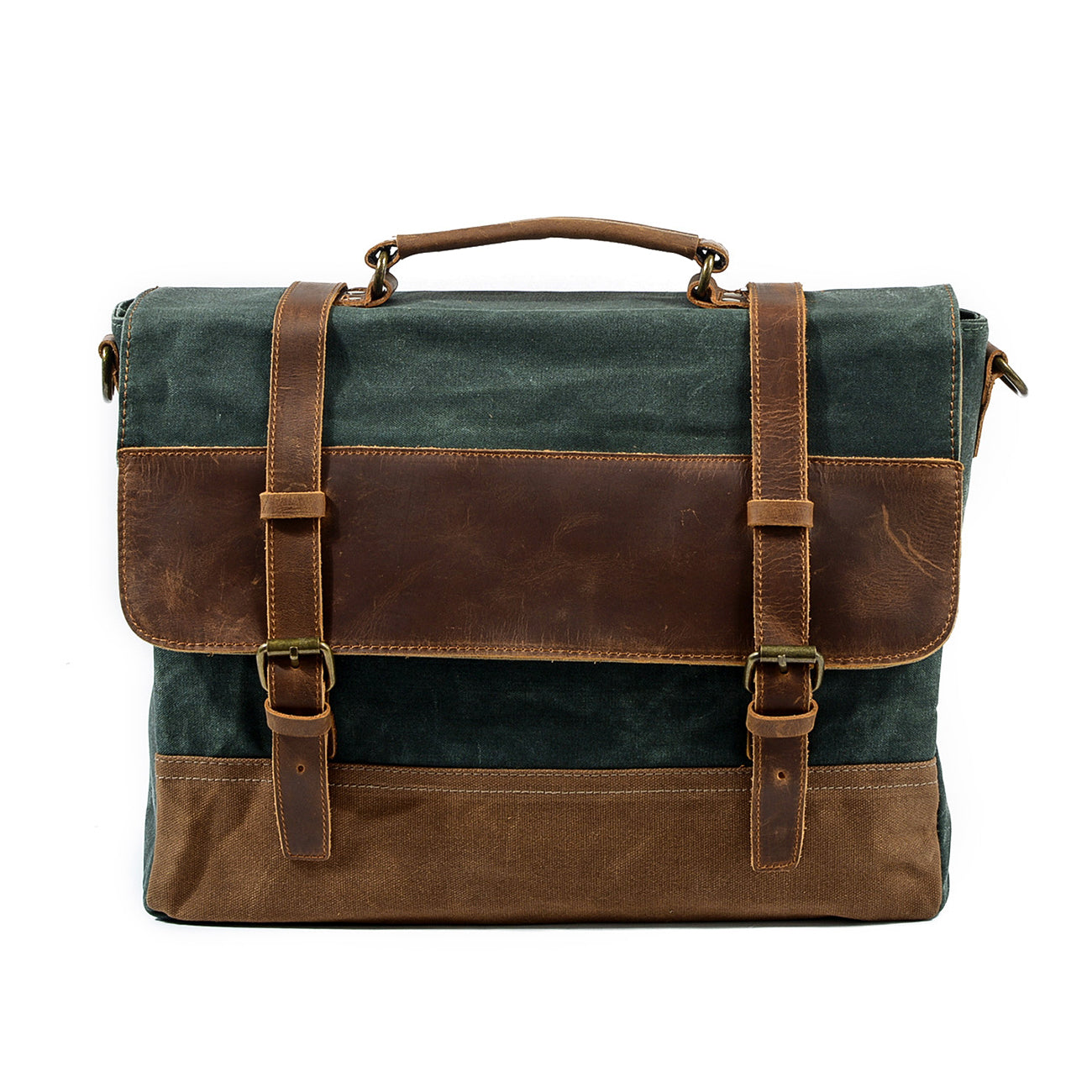 brown leather waxed canvas laptop bag with leather straps and interior organizer to carry a macbook