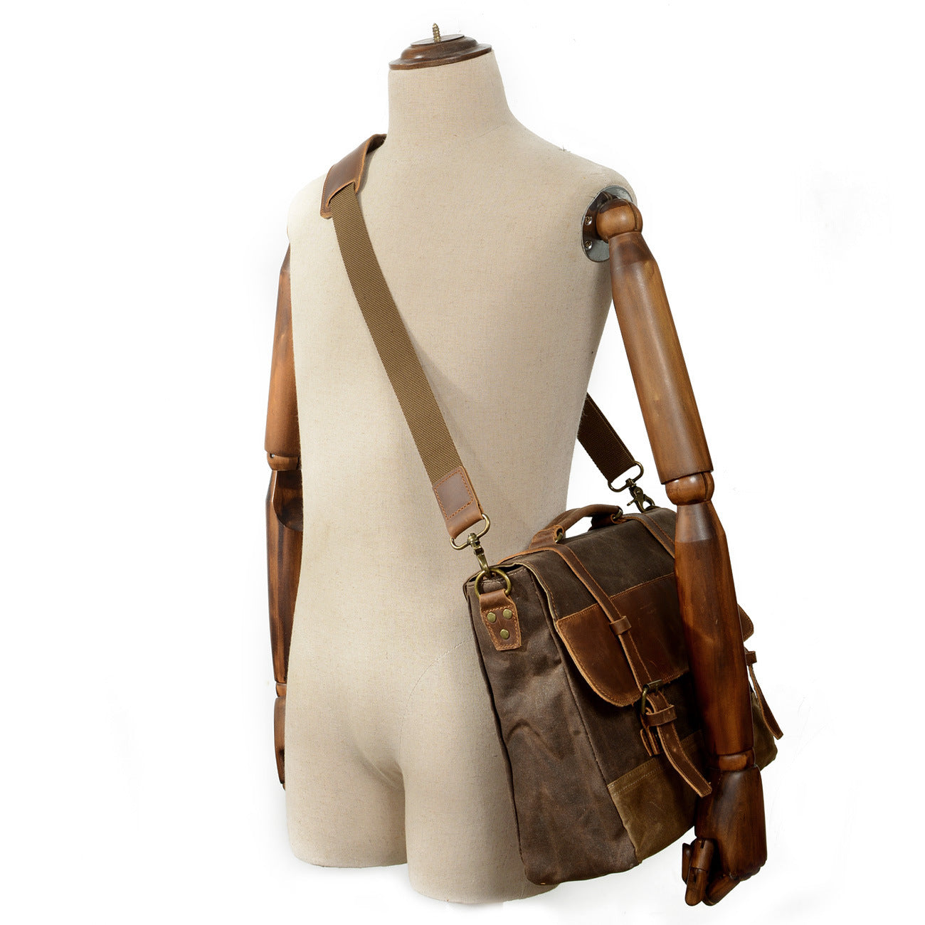 distressed leather business laptop waxed canvas shoulder bag with brass hardware