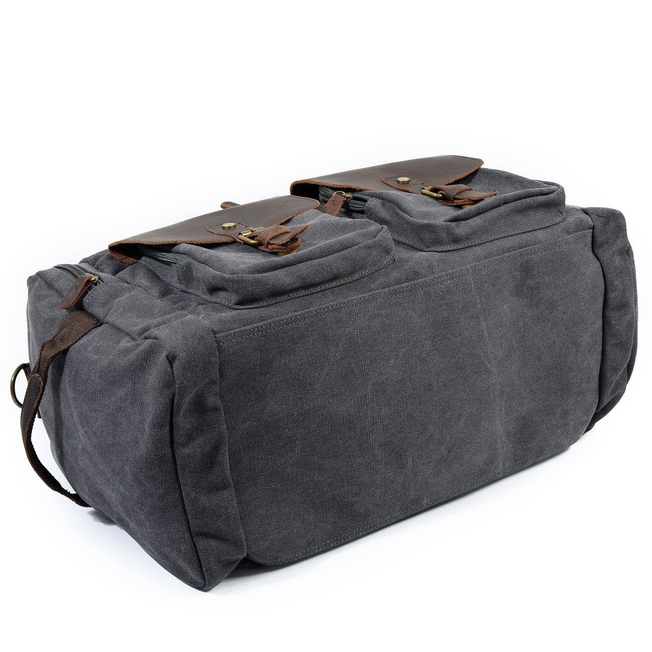 packable travel weekend tote with brass hardware and leather handles