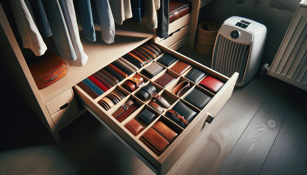 well organized drawer with sections dedicated to eco leather accessories such as wallets and belts