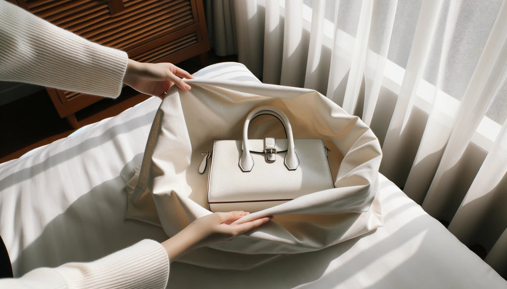 white leather handbag being gently placed inside a soft fabric dust bag