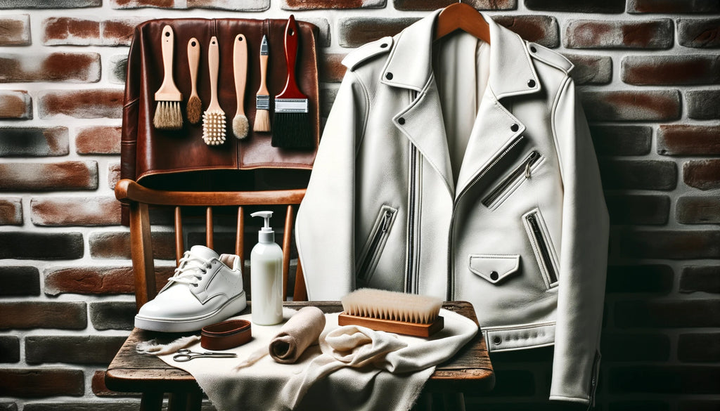 Une veste en cuir blanc drapée sur une chaise. À côté, sur une table, se trouvent des produits de conditionnement du cuir tels qu'un flacon d'après-shampoing et une brosse.