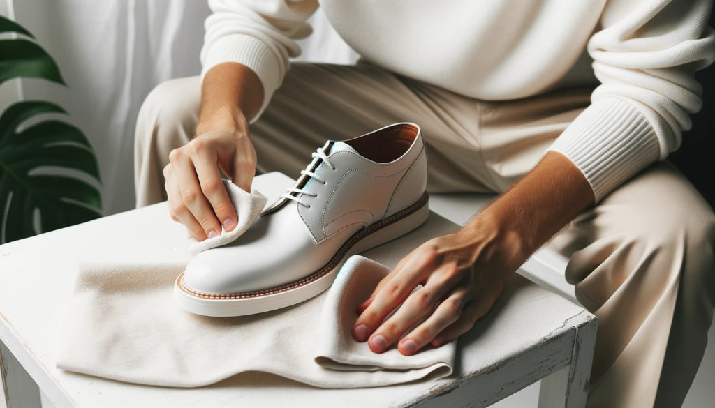 white leather shoe on a table with a person holding a soft cloth next to it preparing for cleaning