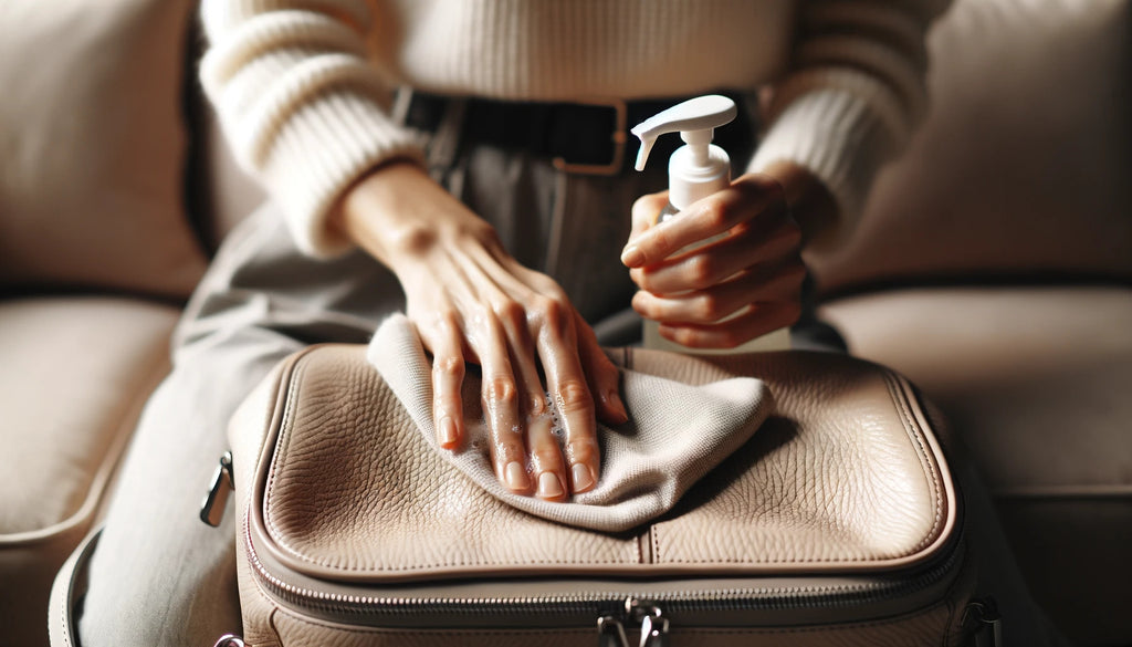 femme nettoyant son sac en faux cuir à l'aide d'une solution de savon doux en appliquant le savon à l'aide d'un chiffon doux en effectuant un léger mouvement circulaire