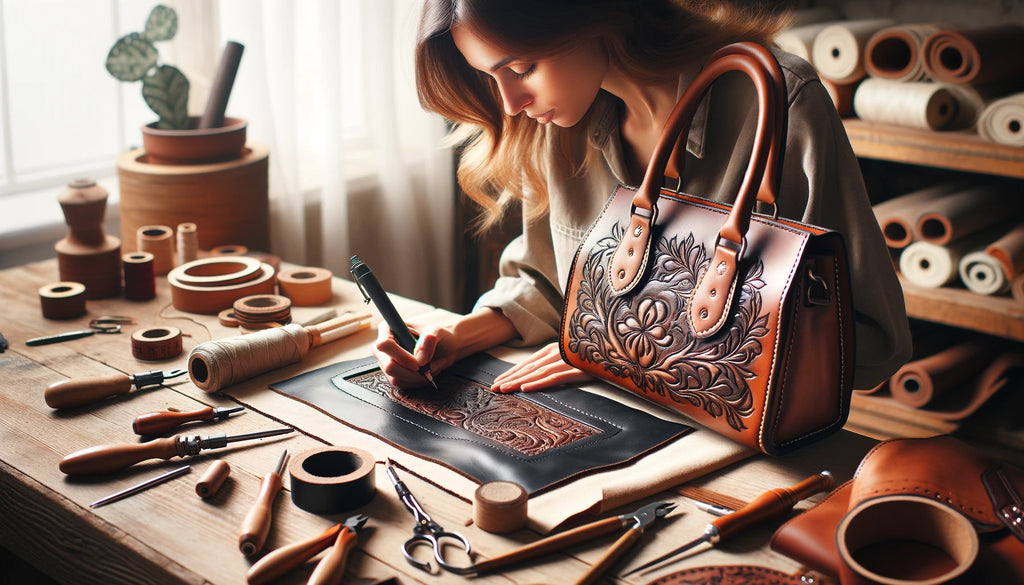 woman crafting a leather handbag using a pyrography pen adding detailed shades