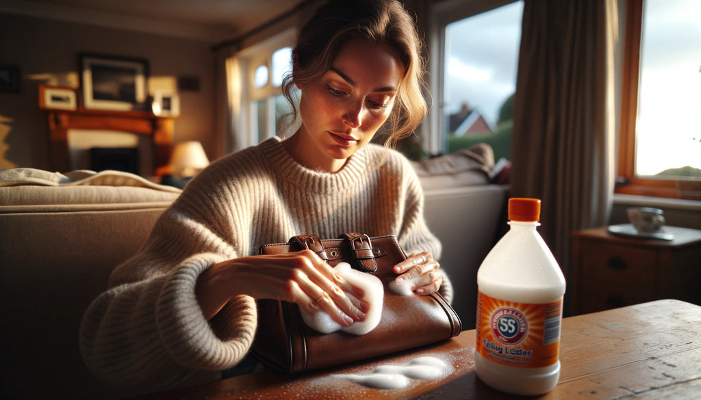 woman sitting at her living room table cleaning her faux leather purse with a DIY conditioner made from baking soda