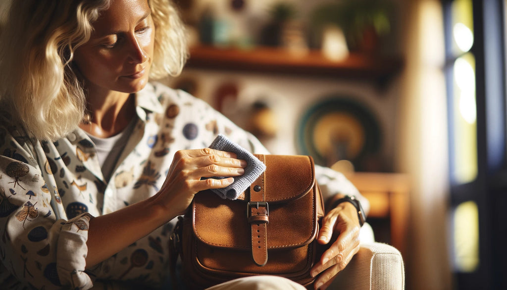 woman sitting on her couch actively wiping her small leather backpack with a soft microfiber cloth