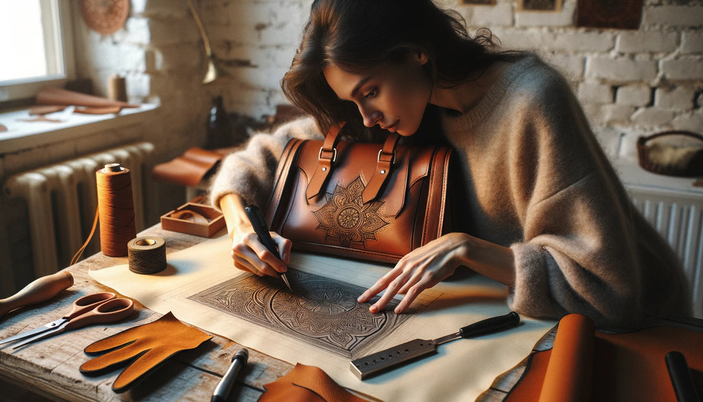 woman transferring an intricate design pattern onto a leather bag using tracing paper