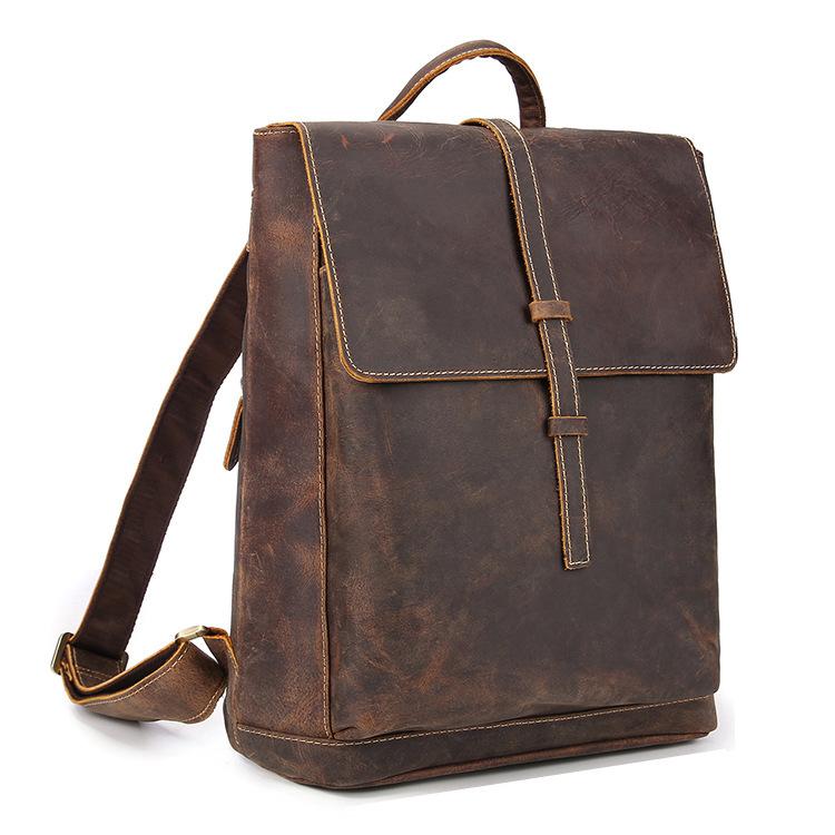 minimalist distressed leather book-bag for men with with smart side-pockets and anti-theft back pocket