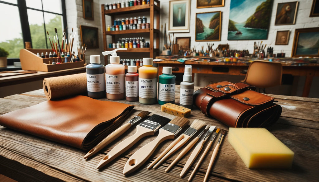 table en bois équipée du matériel de peinture en cuir essentiel un morceau de cuir non traité et un ensemble de peintures acryliques