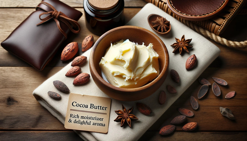 wooden table with a bowl containing 3 tablespoons of cocoa butter a leather item and a soft cloth