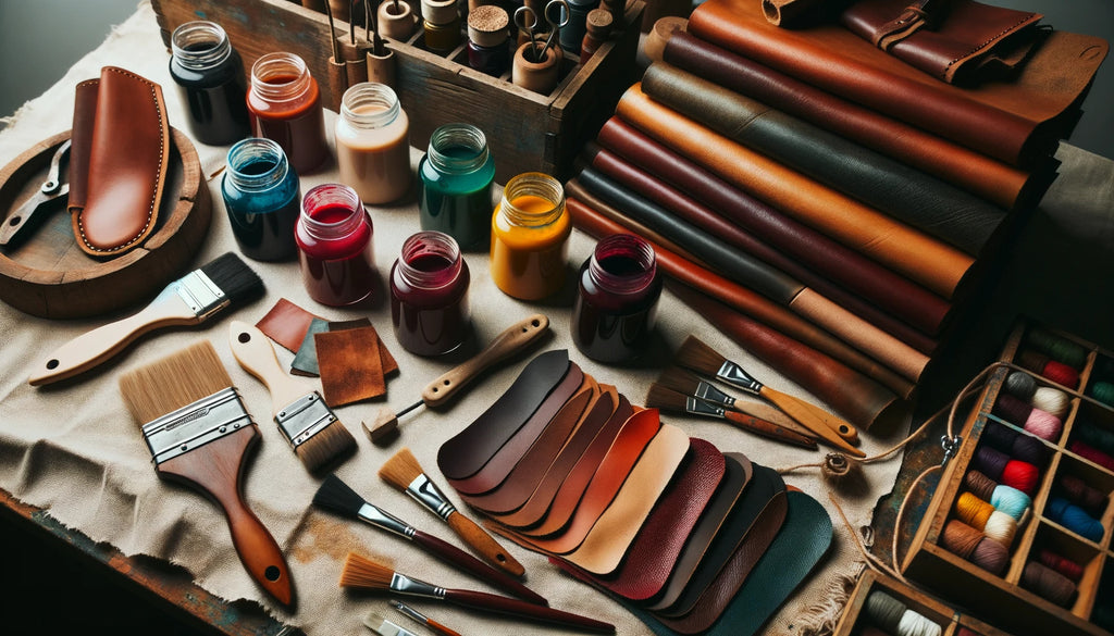 workshop table with leather swatches in various shades from deep burgundy to light tan next to glass jars filled with colorful leather dyes