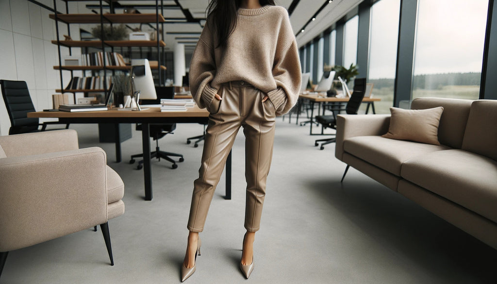 workspace setting where a woman of Asian descent is seen wearing beige leather pants paired with a slouchy beige sweater