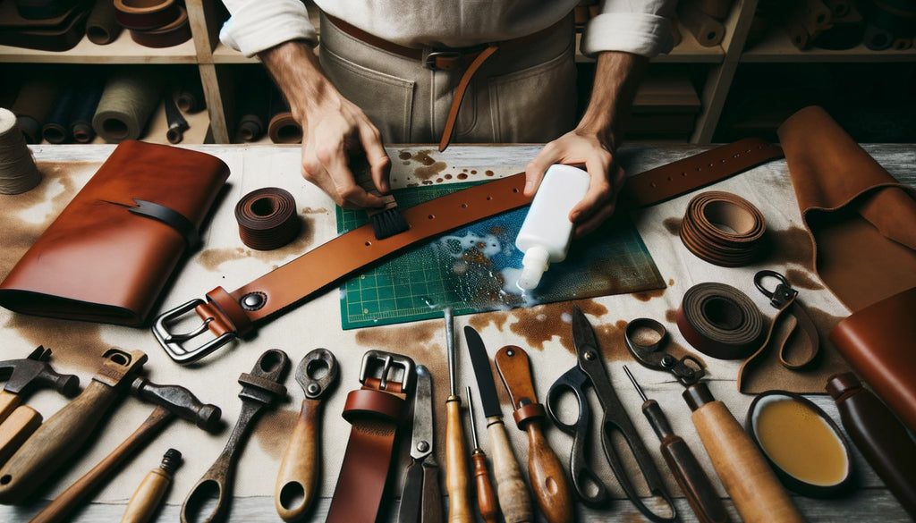 workspace with a craftsman is cleaning a leather belt using a special solution