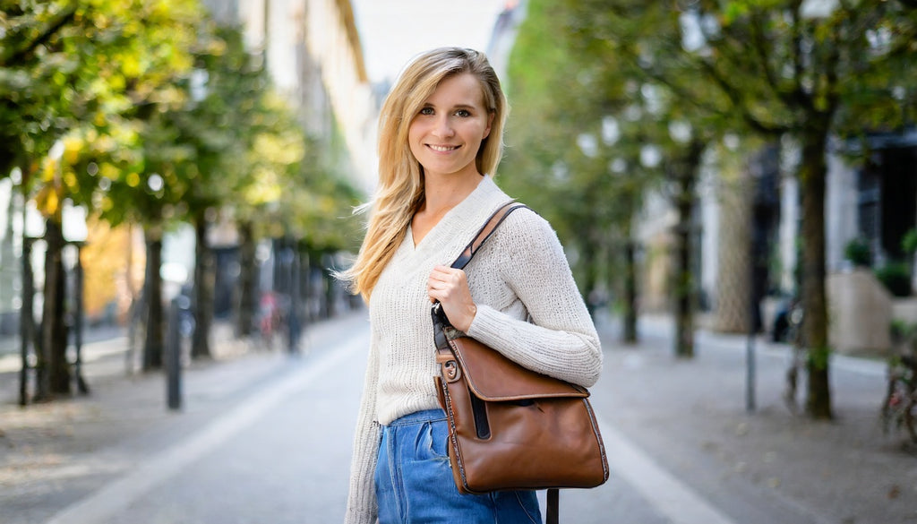 young beautiful blonde woman carrying a small leather shoulder bag in a calm street