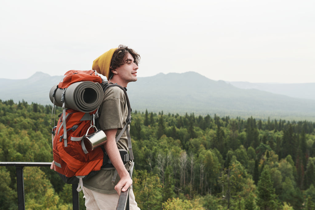 men wearing a travel backpack while backpacking
