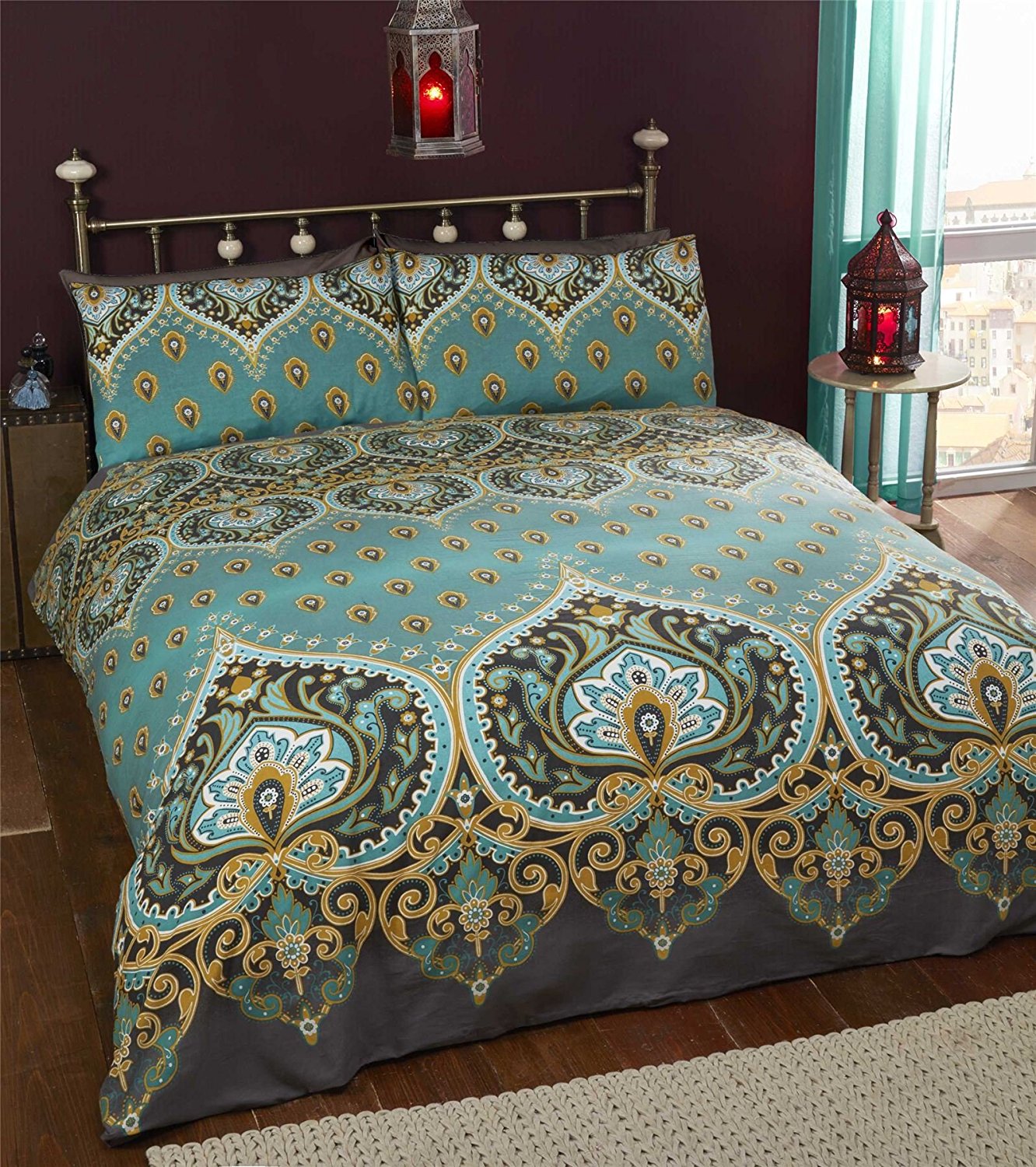 King Size Duvet Cover Set Asha Emerald Green Gold Black Moroccan