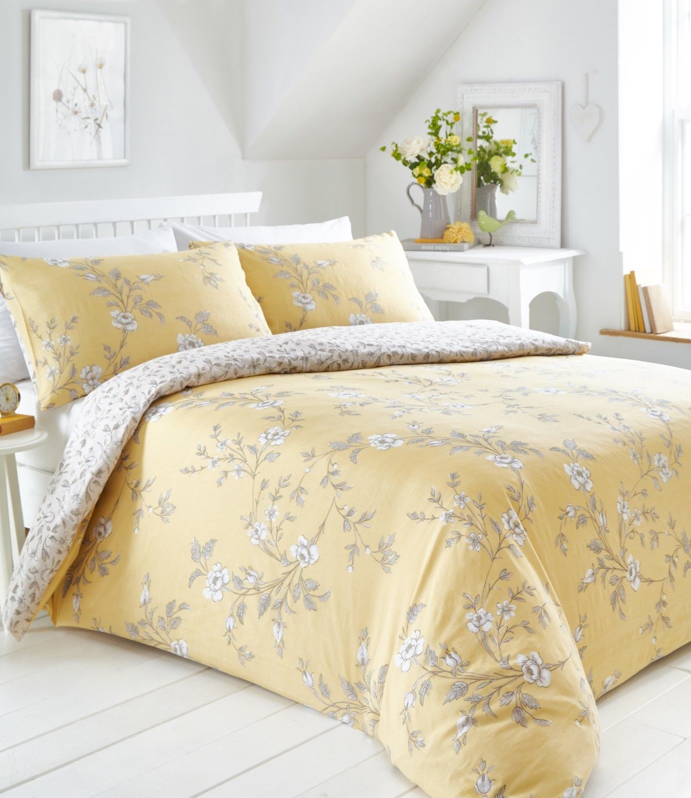 King Size Duvet Cover Set Yasmina Floral Ochre Yellow Grey